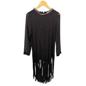 English Rose Dress Women's Small Black Long‎ Sleeve Fringe Studded Boho Gothic